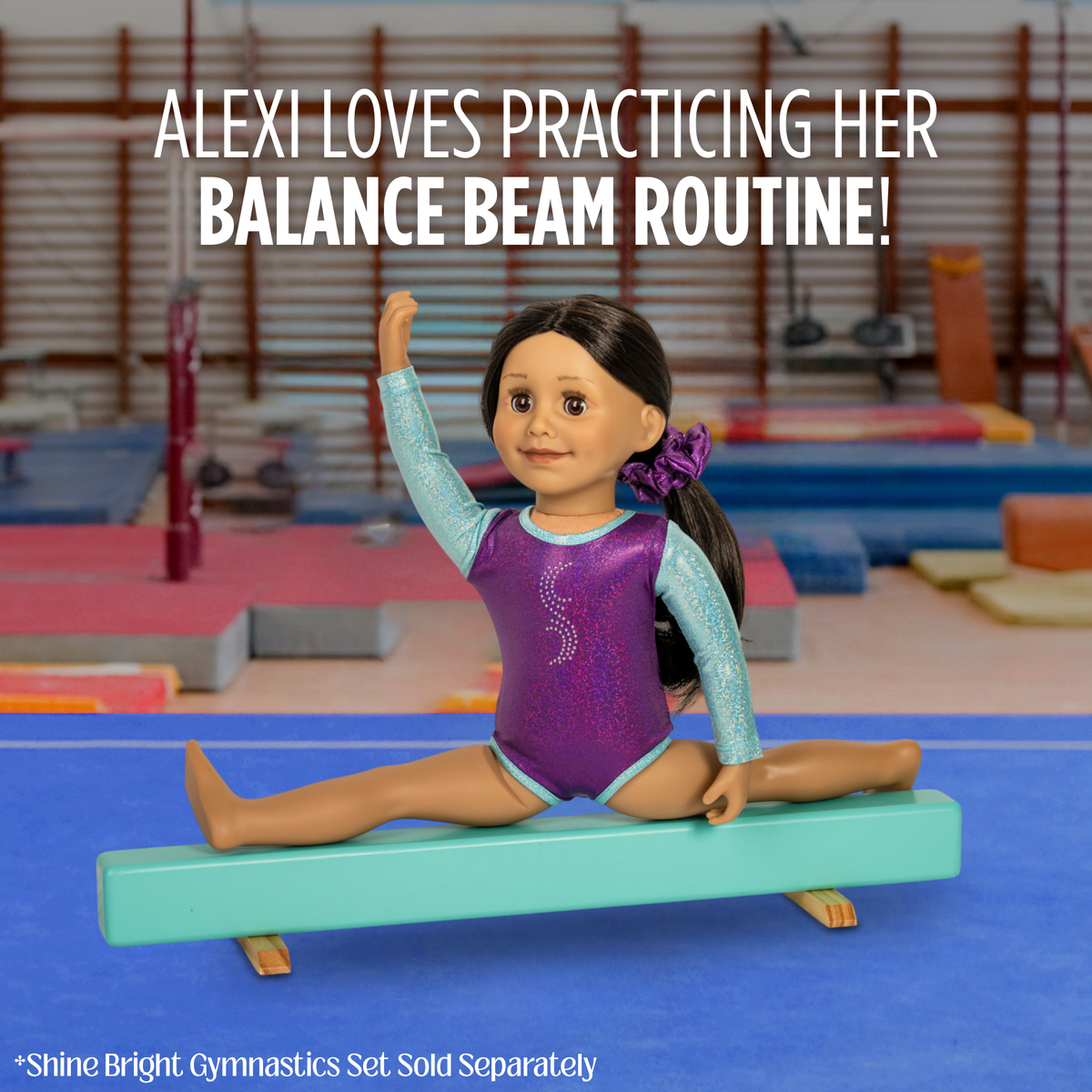A doll dressed in a purple and light blue gymnastics leotard sits on a teal balance beam in a gymnastics gym, with large text reading 'ALEXI LOVES PRACTICING HER BALANCE BEAM ROUTINE!' at the top. Maplelea