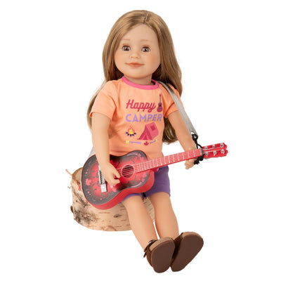 Maplelea 18" doll wearing peach pajama t-shirt and purple short bottoms with brown sandals