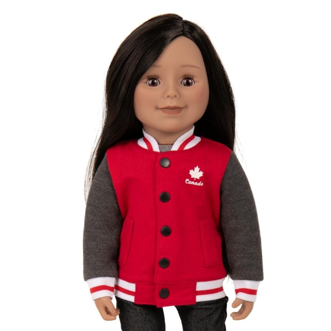 18-inch doll wearing red and grey bomber jacket with Canada logos