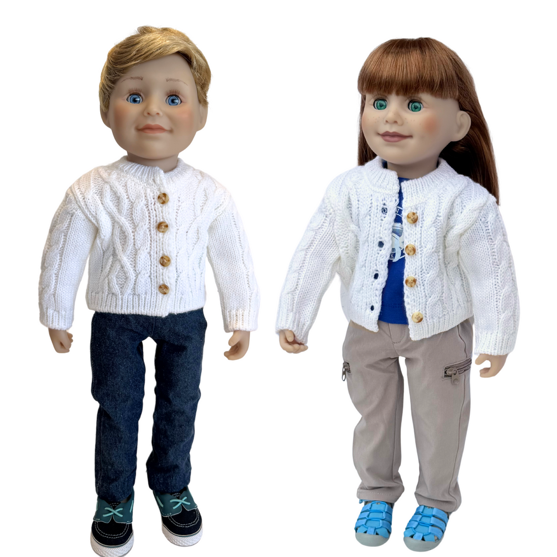 18-inch dolls wearing white button up fish net knitted cardigan jeans and boating shoes