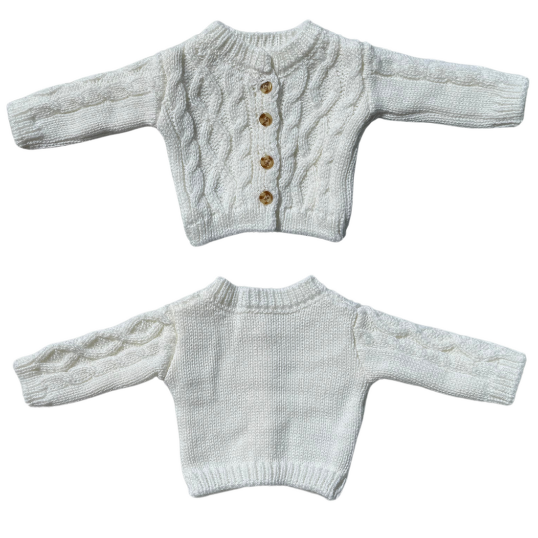 18-inch dolls wearing white button up fish net knitted cardigan jeans and boating shoes