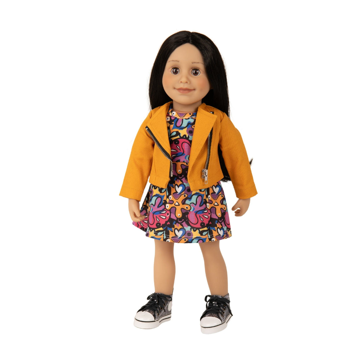 Maplelea doll Alexi from Toronto wearing orange moto jacket, printed graffiti dress and metallic runners