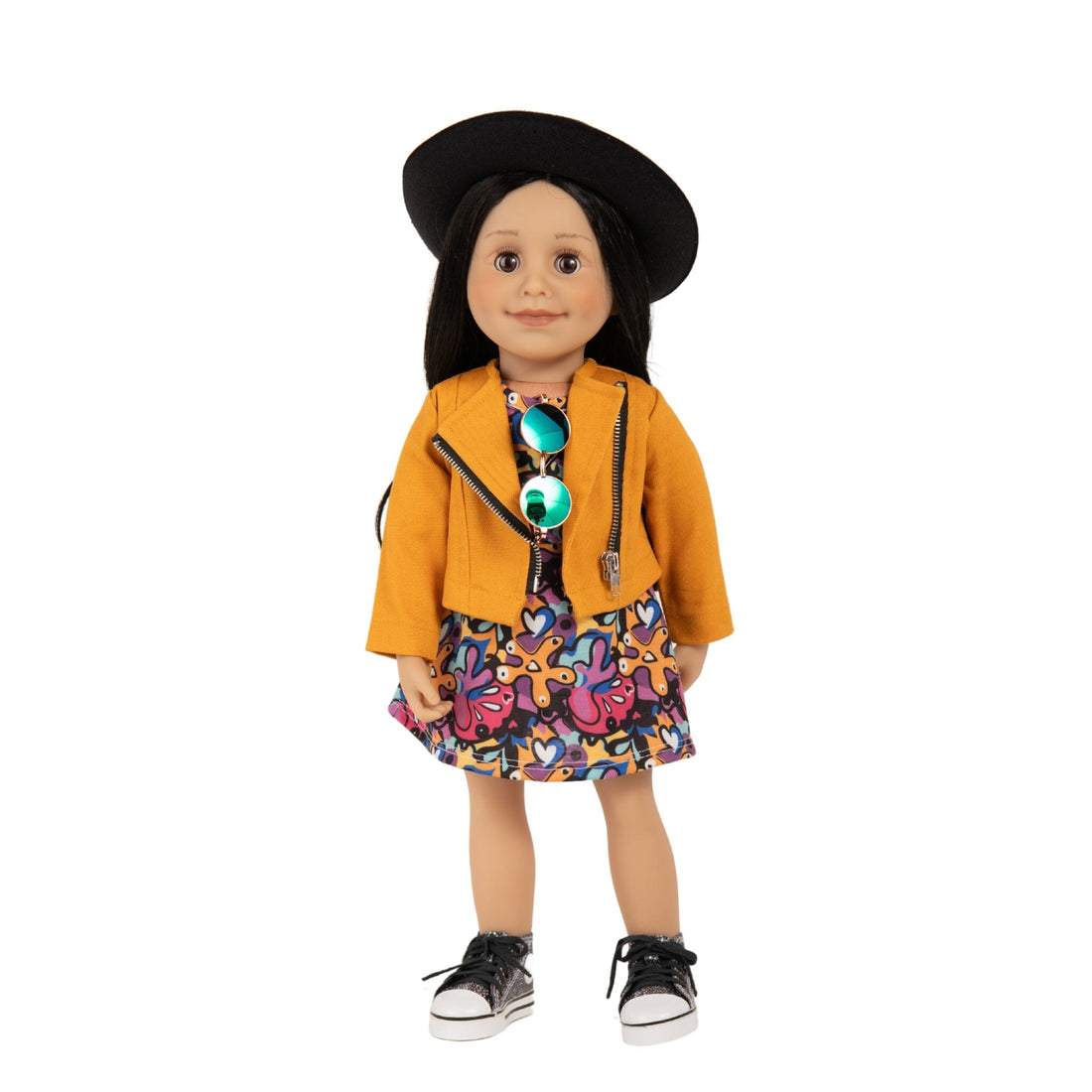 Wire rim sunglasses and wide brim black hat on 18-inch doll