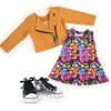 Maplelea 18 inch doll Alexi starter outfit - orange moto jacket and metallic runners Toronto doll