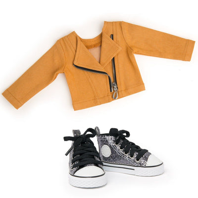 Maplelea 18 inch doll Alexi starter outfit - orange moto jacket, print dress and metallic runners