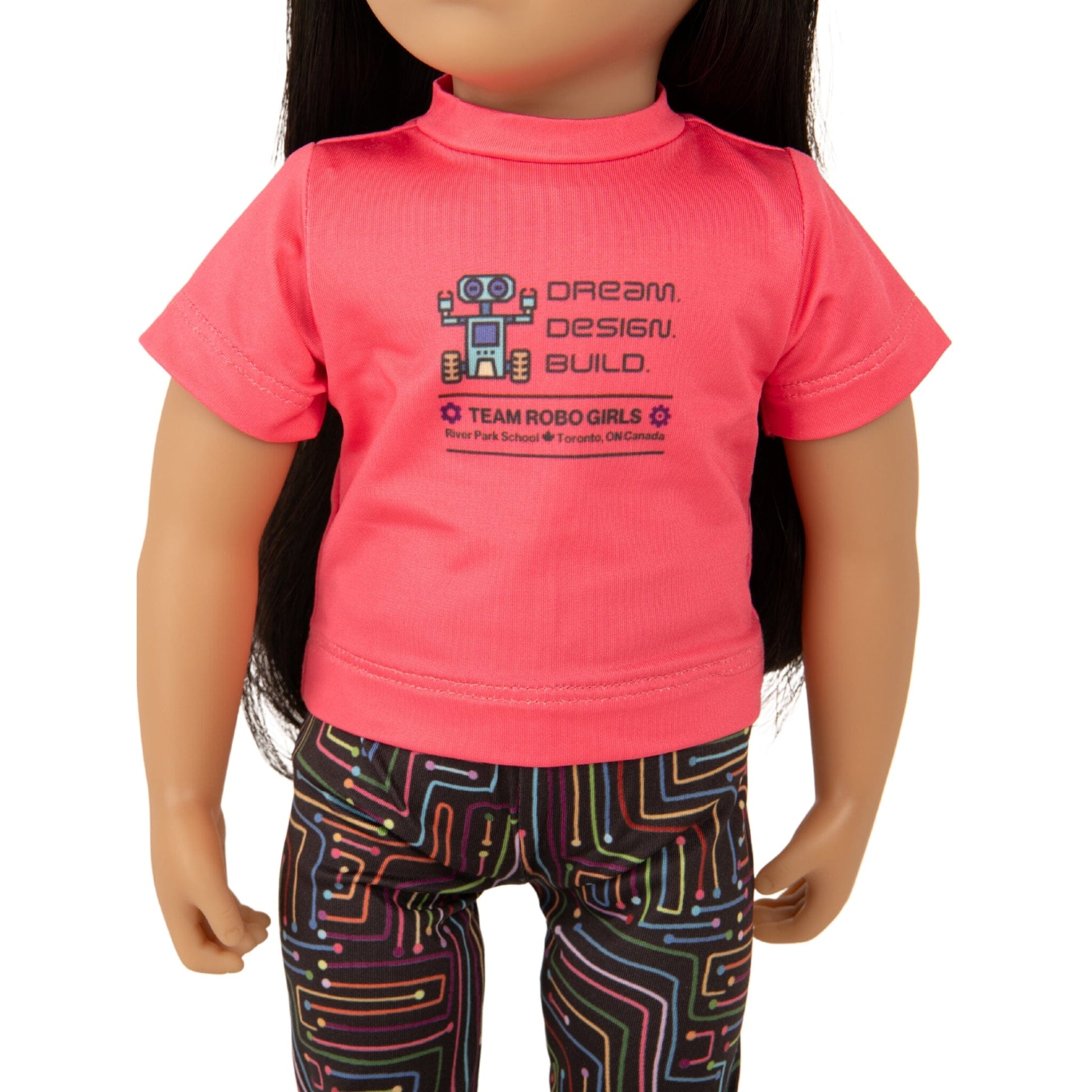 KA36 Robotics Competion robot logo coral t-shirt on Maplelea doll