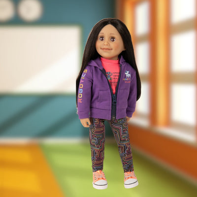 Alexi Canadian girl doll with dark hair wearing her robotics competition outfit