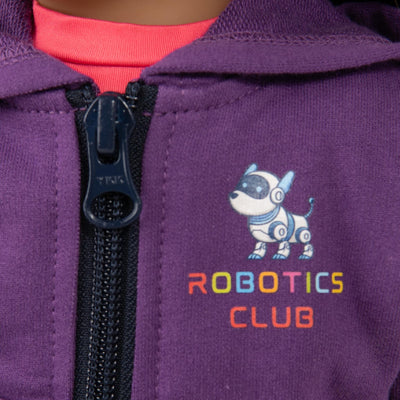 Robotics Competion dog robot logo on Maplelea hoodie for 18" dolls