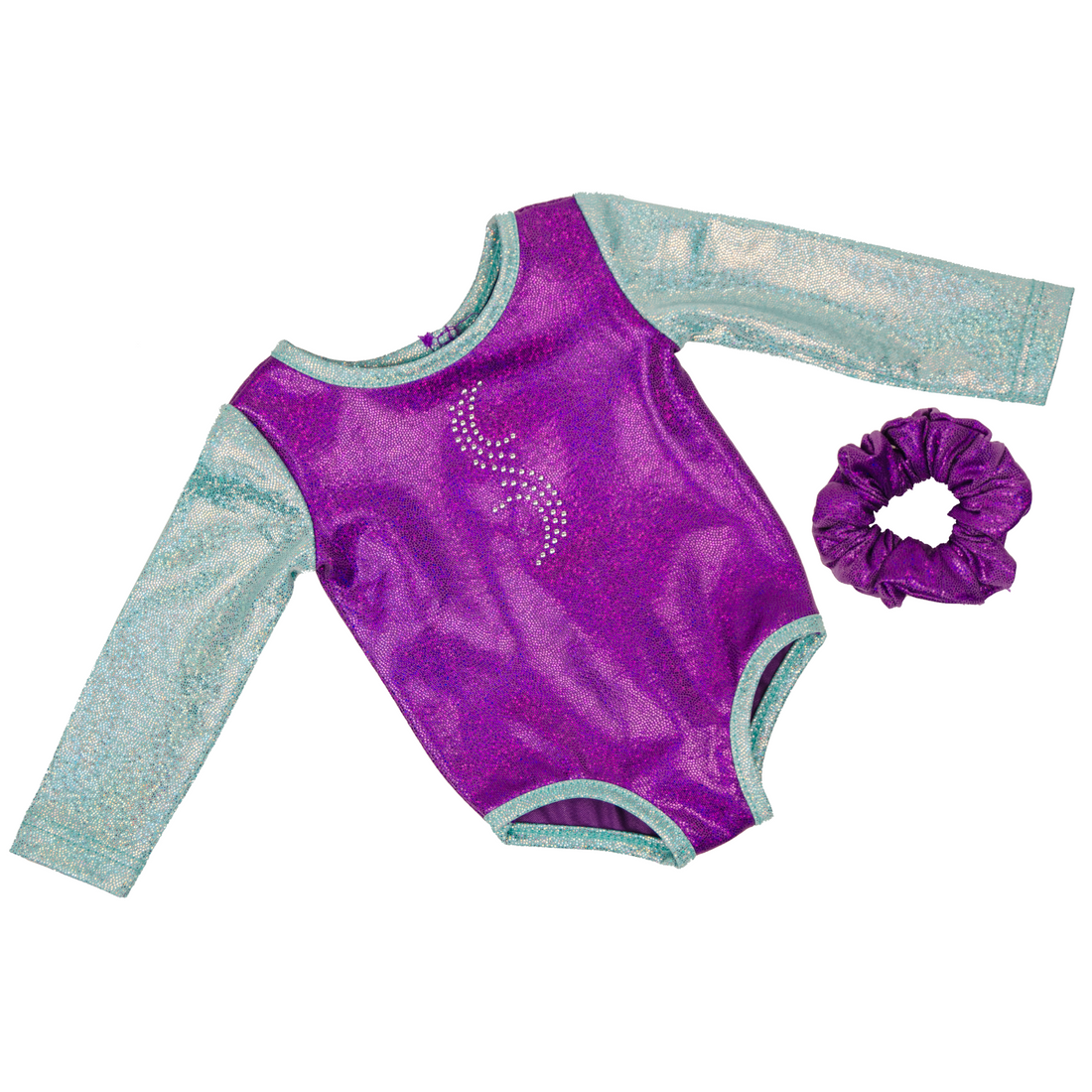 18-inch doll wearing a purple and light blue gymnastics leotard.