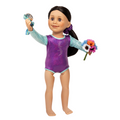 18-inch doll in a purple and light blue leotard holding a flower bouquet and metal.