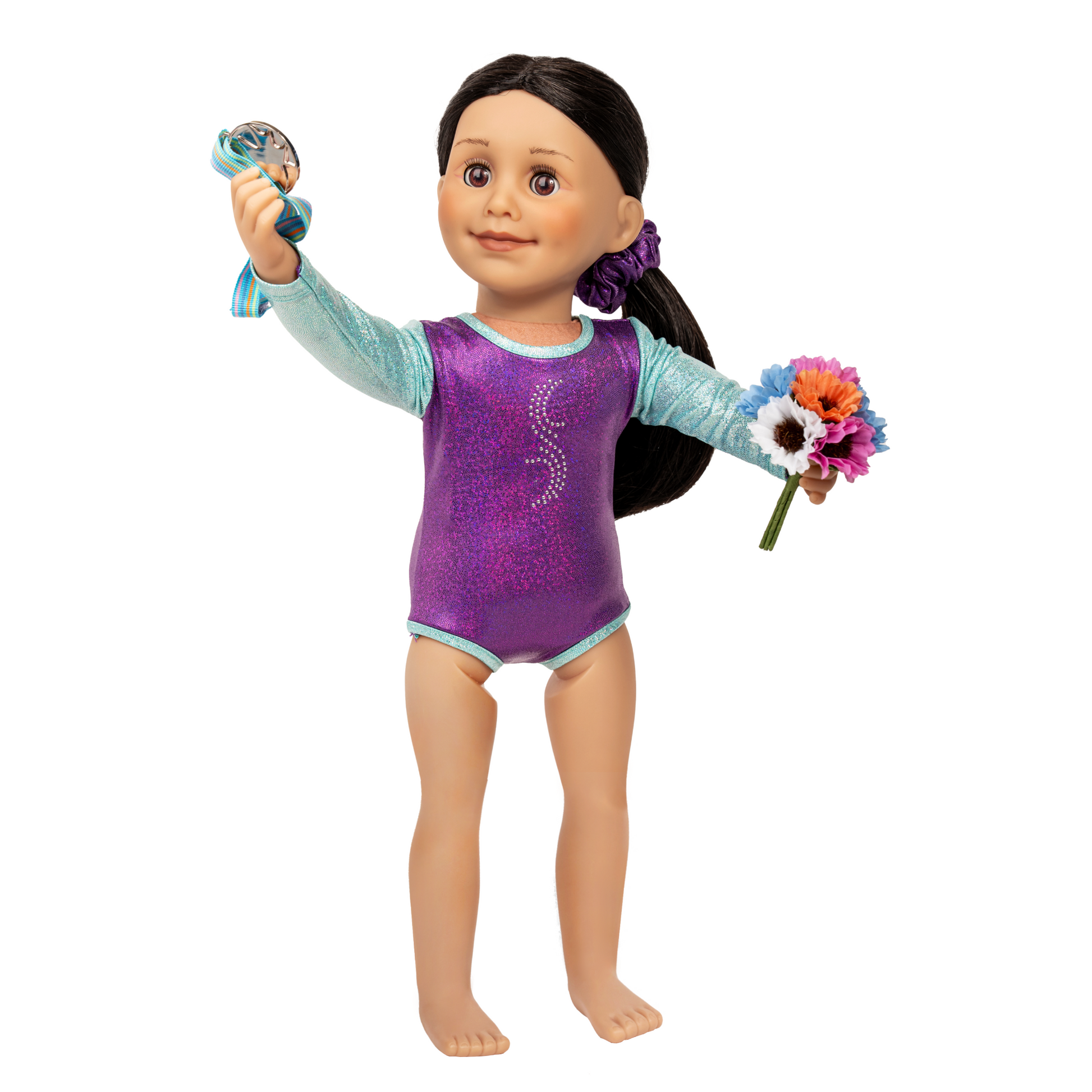 18-inch doll in a purple and light blue leotard holding a flower bouquet and metal.