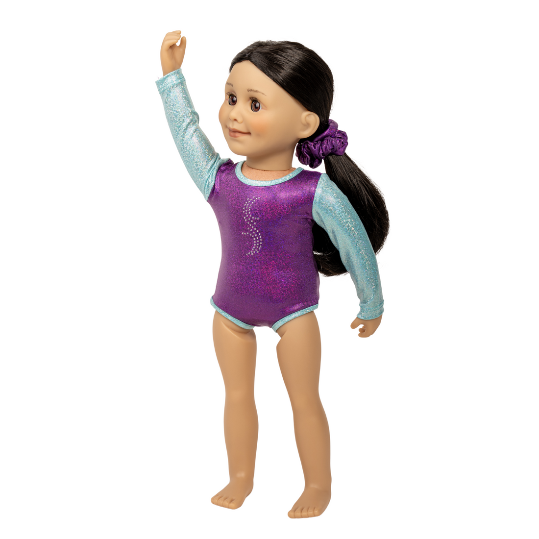 18-inch doll wearing a purple and light blue gymnastics leotard.