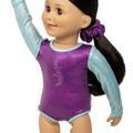 18-inch doll wearing a purple and blue glittery gymnastics outfit featuring metallic sparkly design on the front