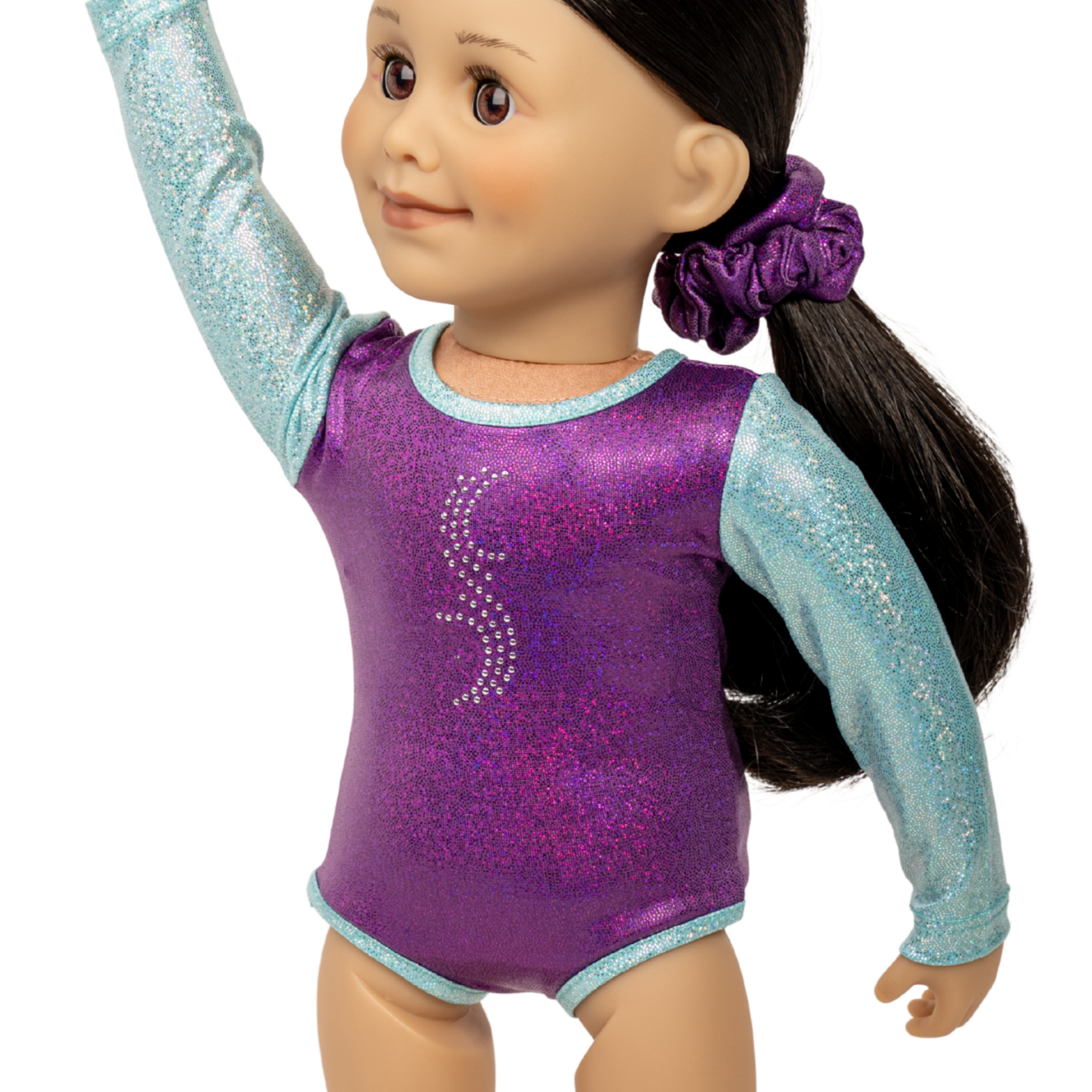 18-inch doll wearing a purple and blue glittery gymnastics outfit featuring metallic sparkly design on the front