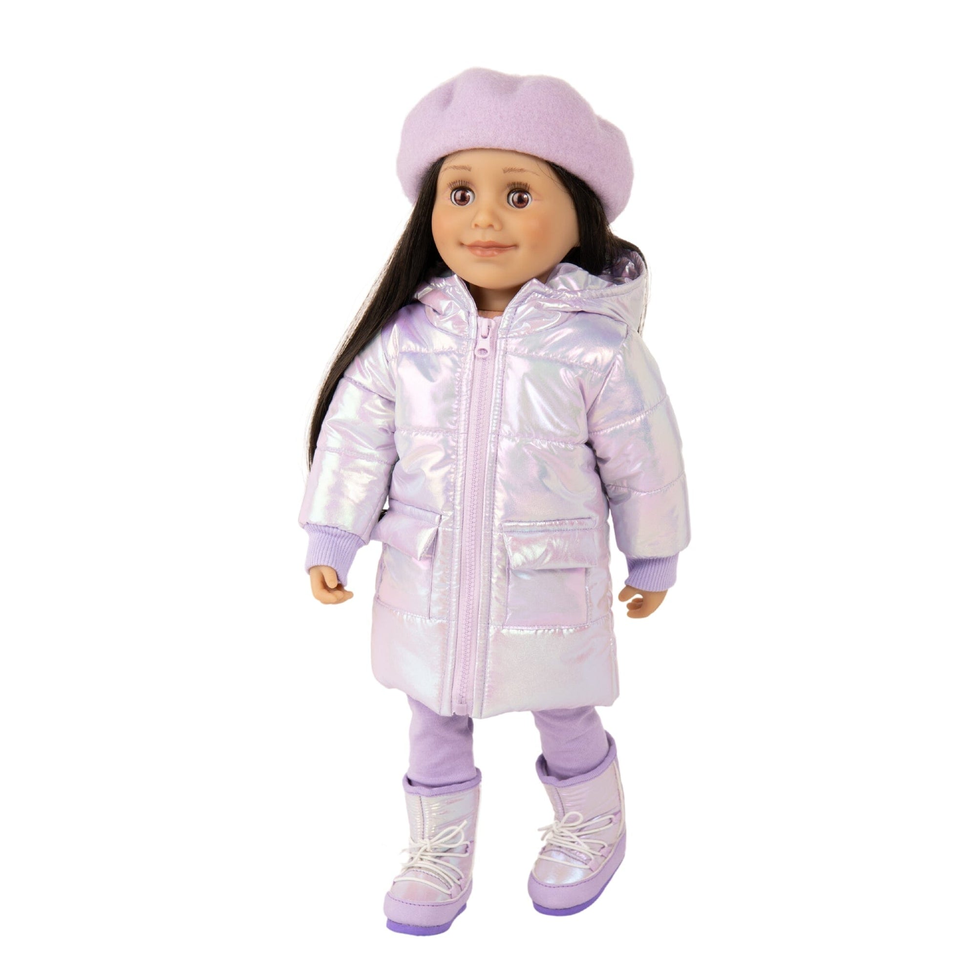 KA53-Cosmic Coat Set-Maplelea 18" Alexi doll with shiny pale lavender puffy coat hat and moon boots
