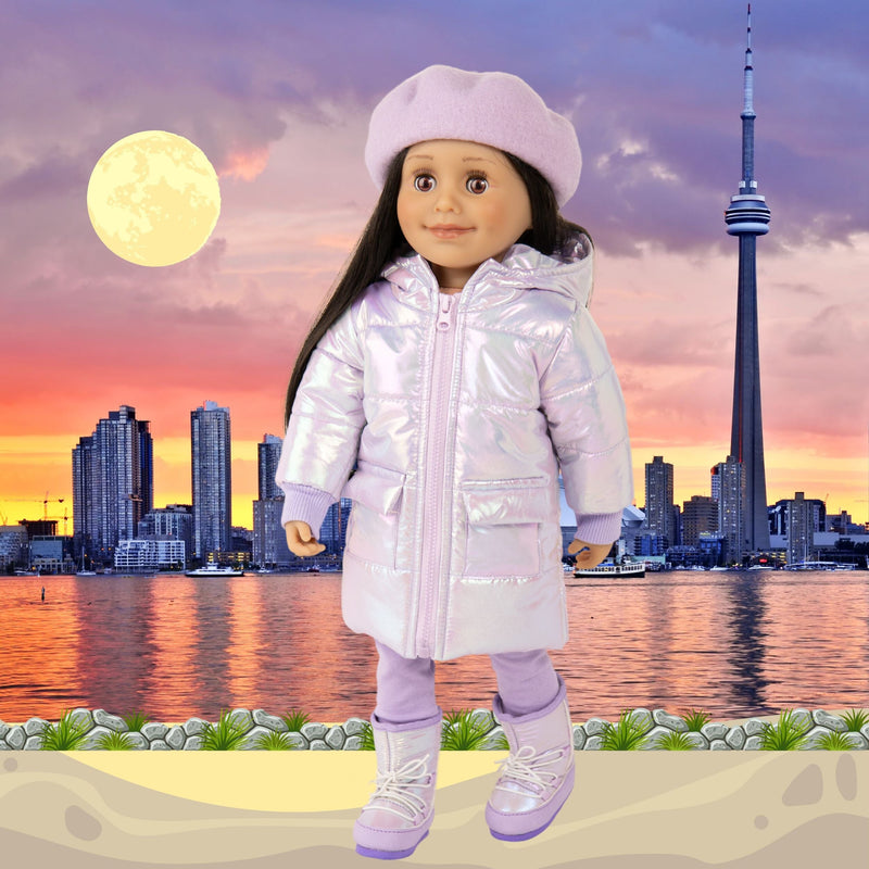 KA53-Cosmic Coat Set-Maplelea 18" Alexi doll with shiny pale lavender puffy coat hat and moon boots