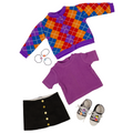 Colorful argyle sweater, purple shirt, black skirt with gold buttons, hairties, and shoes.