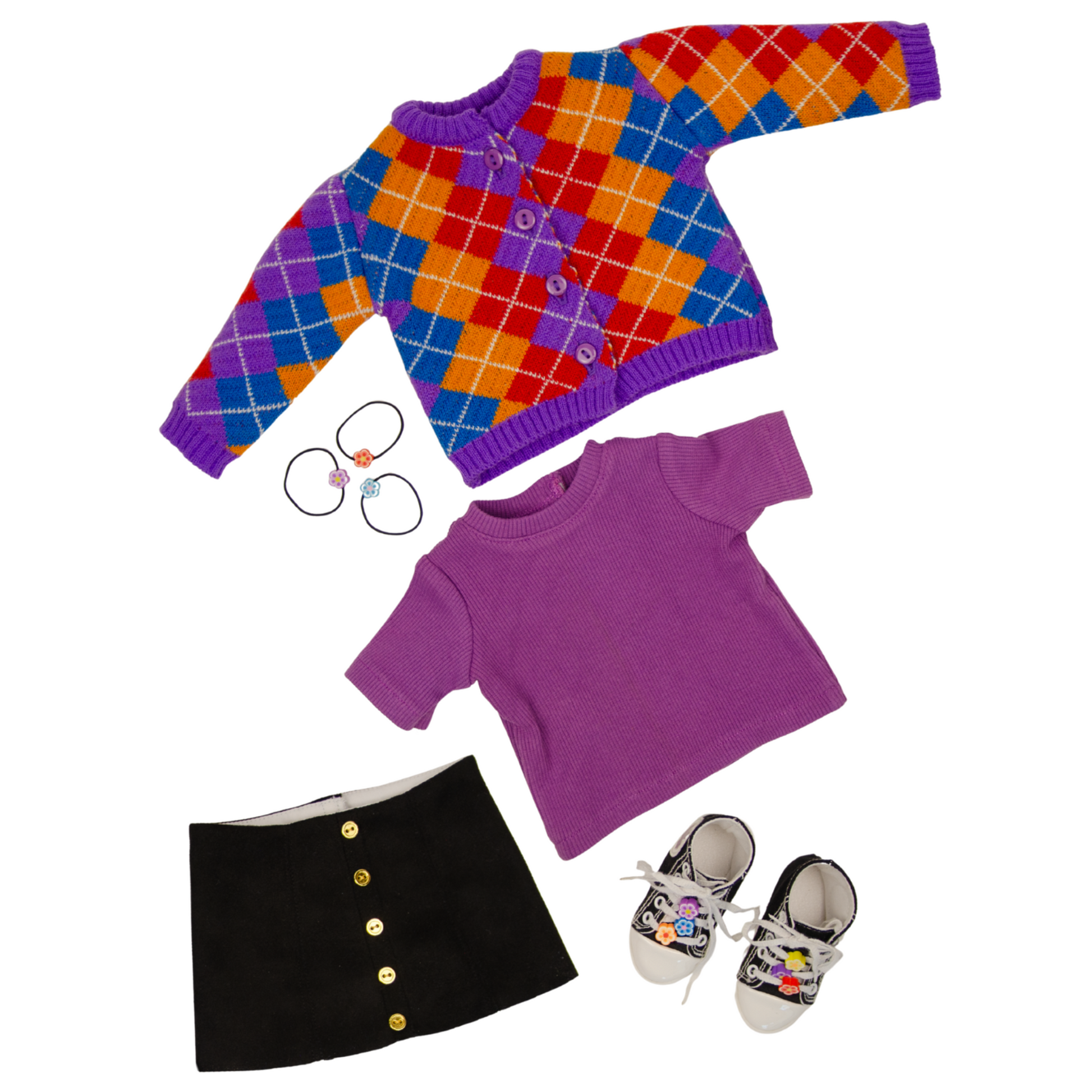 Colorful argyle sweater, purple shirt, black skirt with gold buttons, hairties, and shoes.