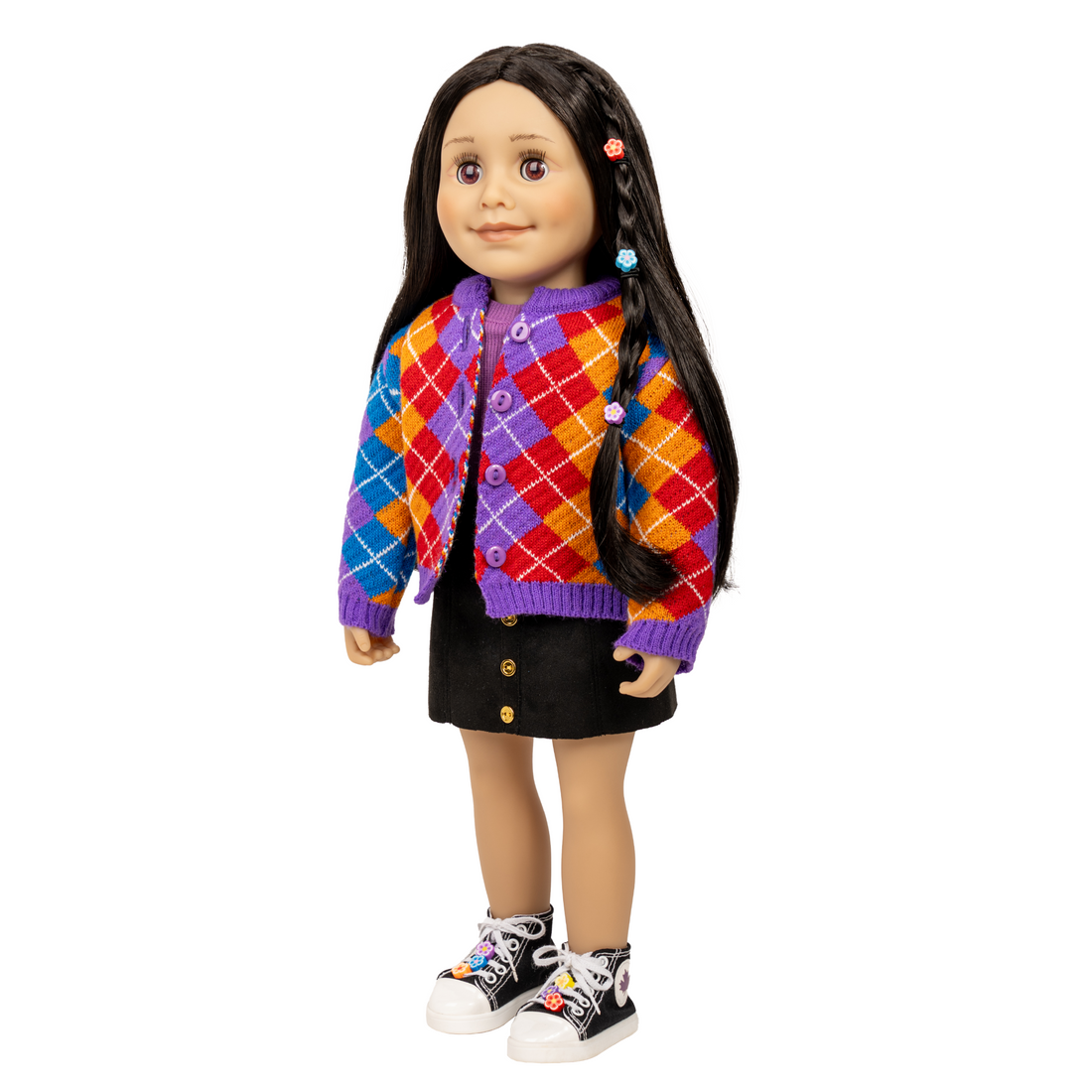 Alexi doll is wearing a vinted argyle sweater, faux-suede skirt, beaded high-tops, purple ribbed tshirt and beaded hair elastics.