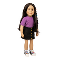 18-inch doll wearing a purple shirt and black skirt with colorful lace up shoes.