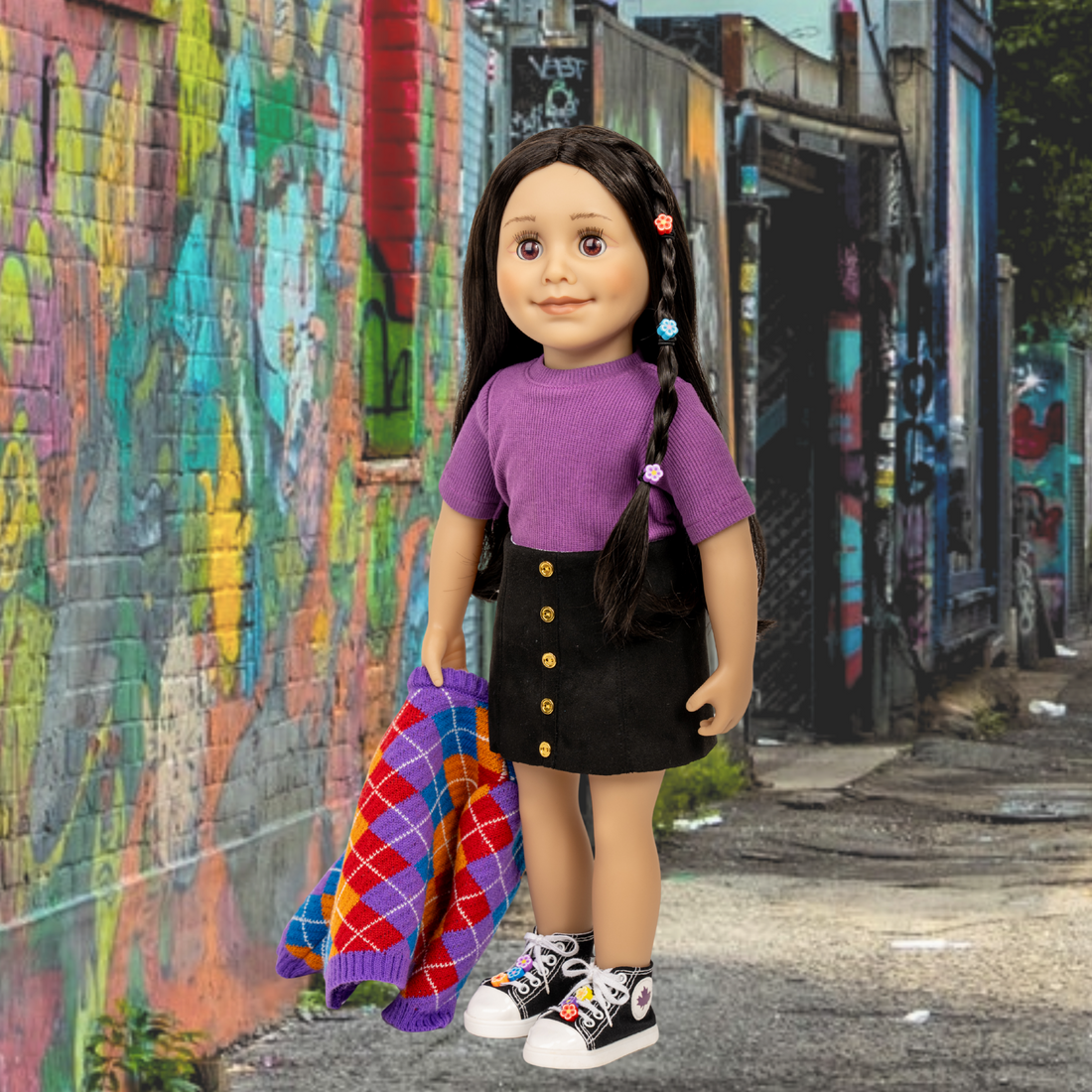 Alexi doll is wearing a vinted argyle sweater, faux-suede skirt, beaded high-tops, purple ribbed tshirt and beaded hair elastics.