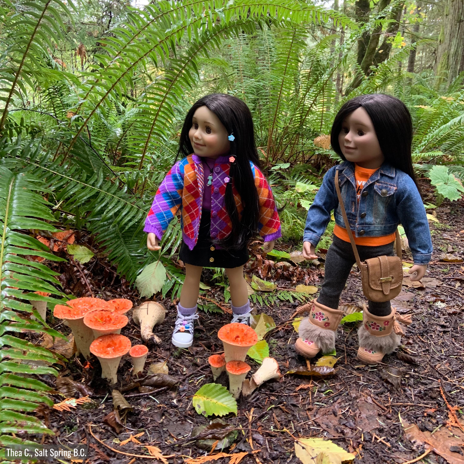 Two 18-inch dolls standing in a forest wearing colourful sweaters and outfits with orange mushrooms and ferns.