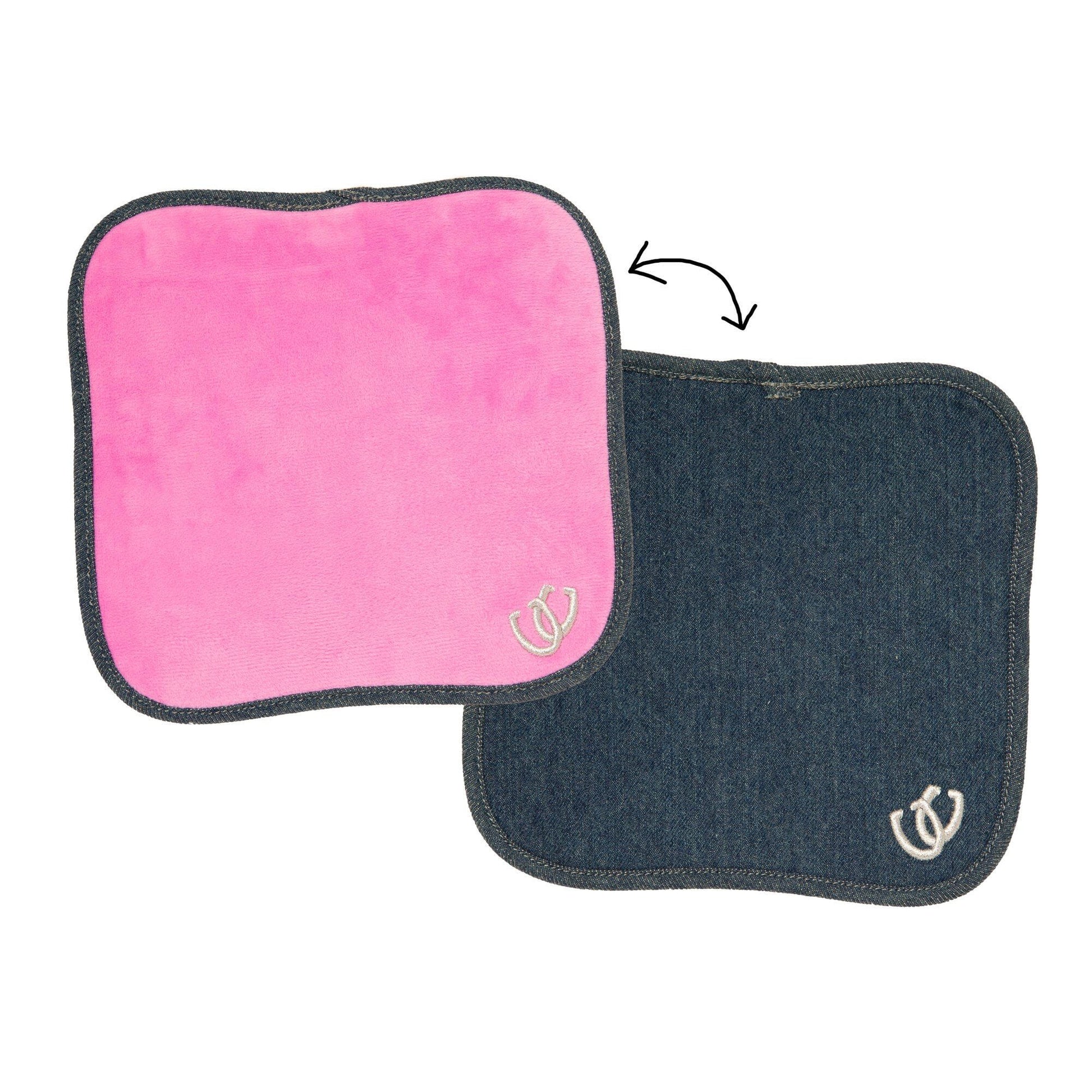 Reversible pony blanket with pink velvet-like fabric on one side and denim on the other for Brianne's Chinook Pony.Horse Blanket for 18" inch doll accessories