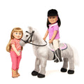 Reversible pony blanket with pink velvet-like fabric on one side and denim on the other for Brianne's Chinook Pony.Horse Blanket for 18