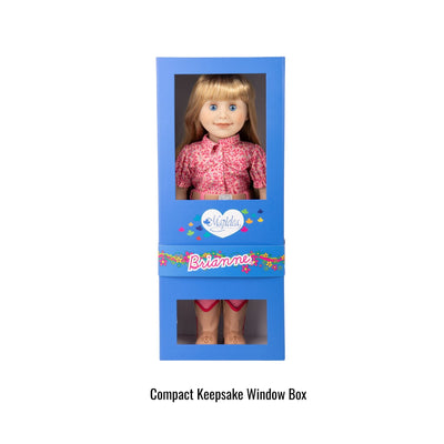 Brianne doll is hown in the new compact keepsake window box