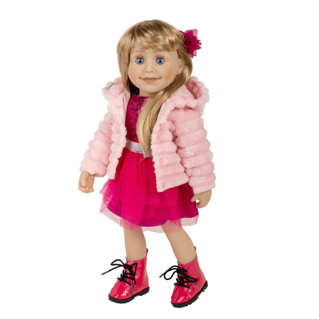 Stylish bright pink lace-up boots with polka dot lining for 18-inch dolls shows top Canadian quality