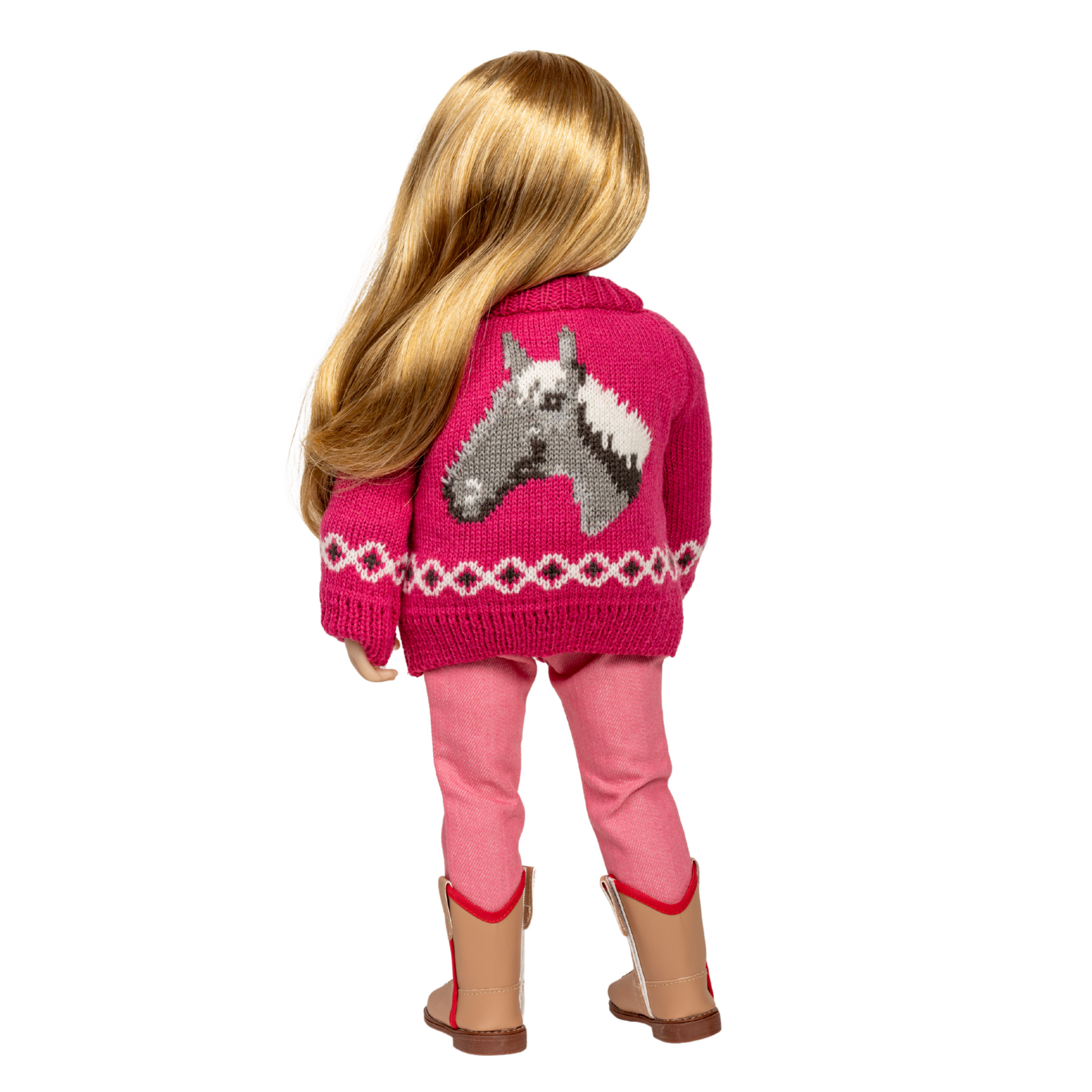 18-inch doll wearing a pink sweater with a horse design, pink pants, and brown boots.
