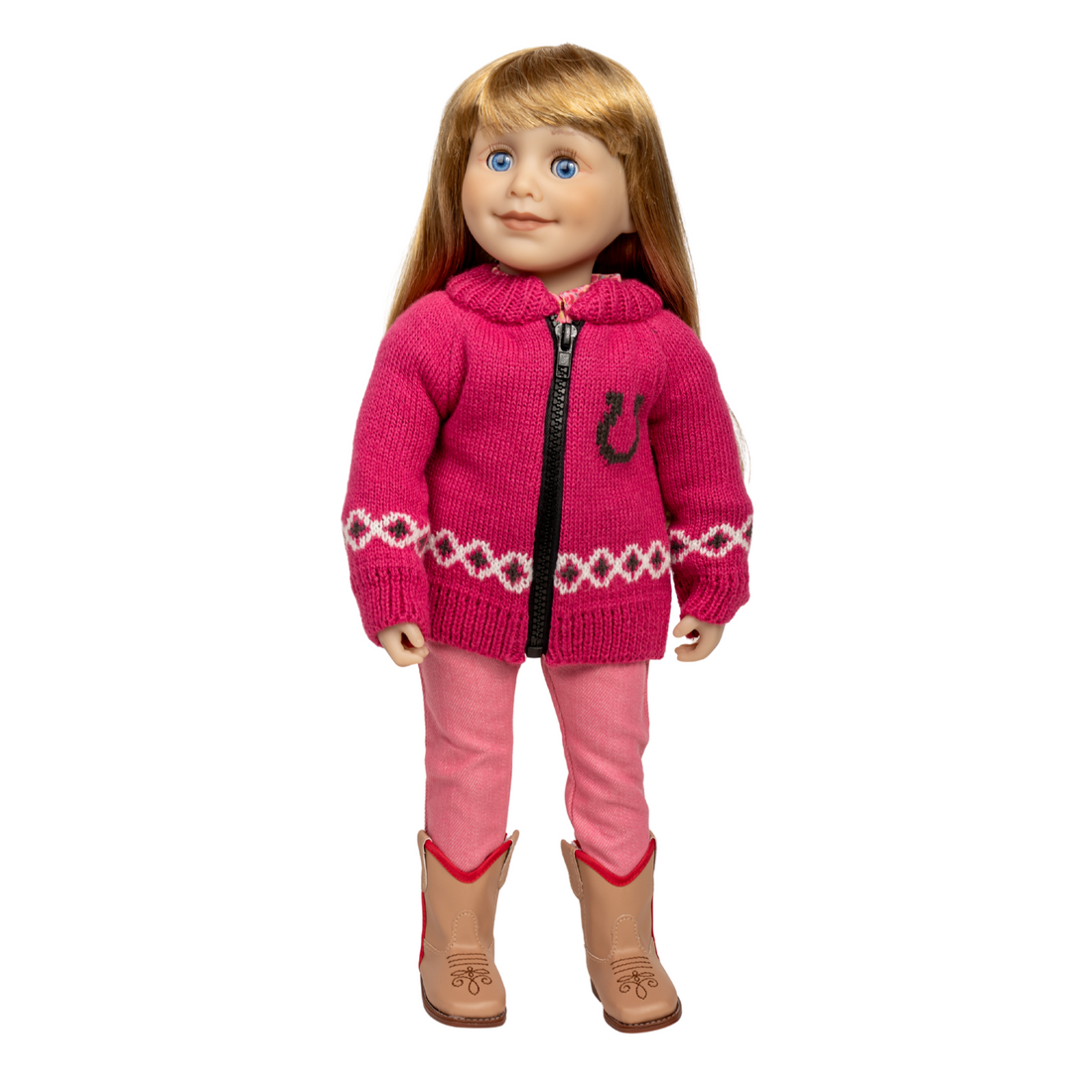 18-inch doll wearing a pink sweater with a horse design, pink pants, and brown boots.