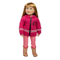 18-inch doll wearing a pink sweater with a horse design, pink pants, and brown boots.