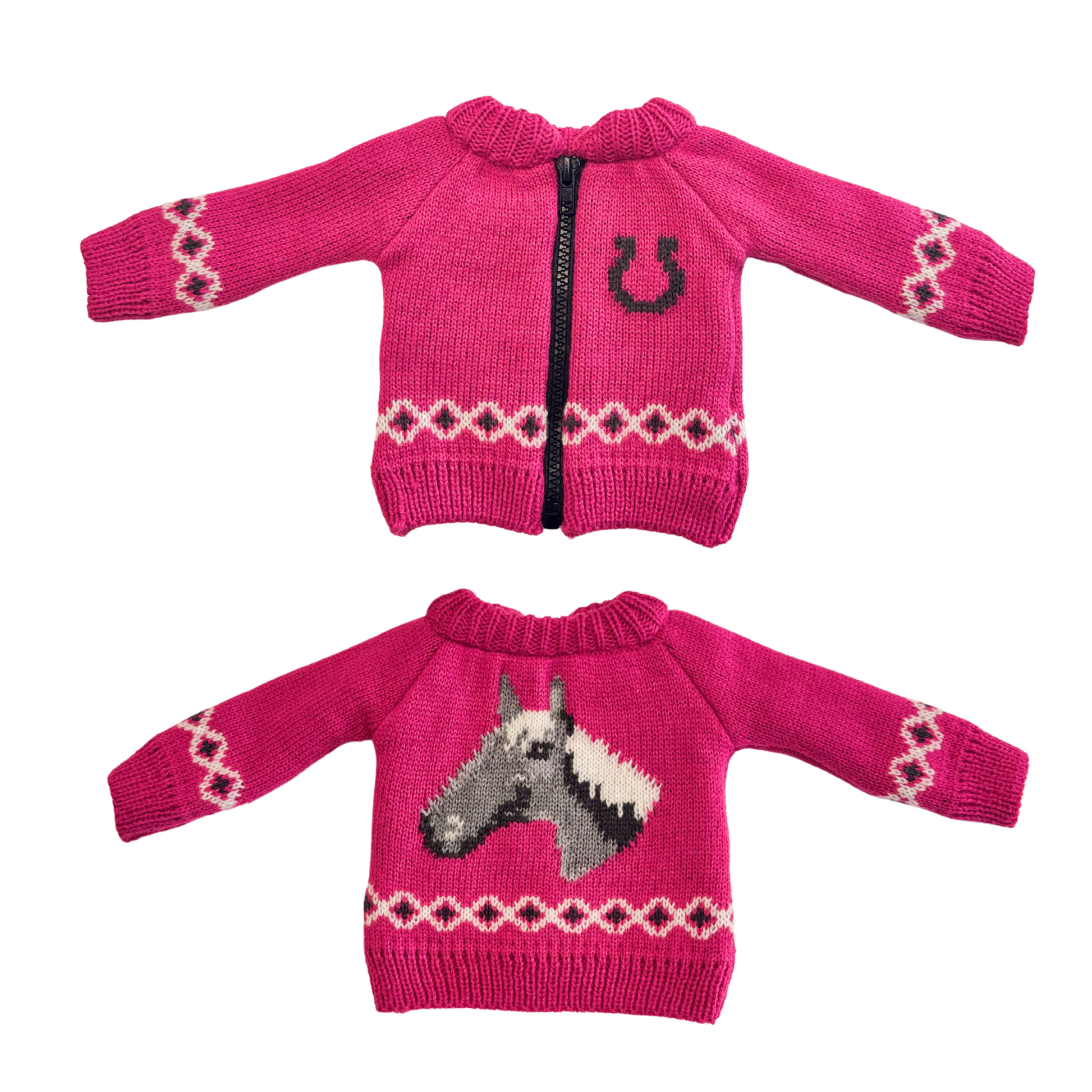 briannes pink knitted cardigan with horse design. For 18-inch dolls.