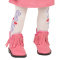 Pink fringed boots worn with white tights featuring decorative patterns for 18-inch dolls.