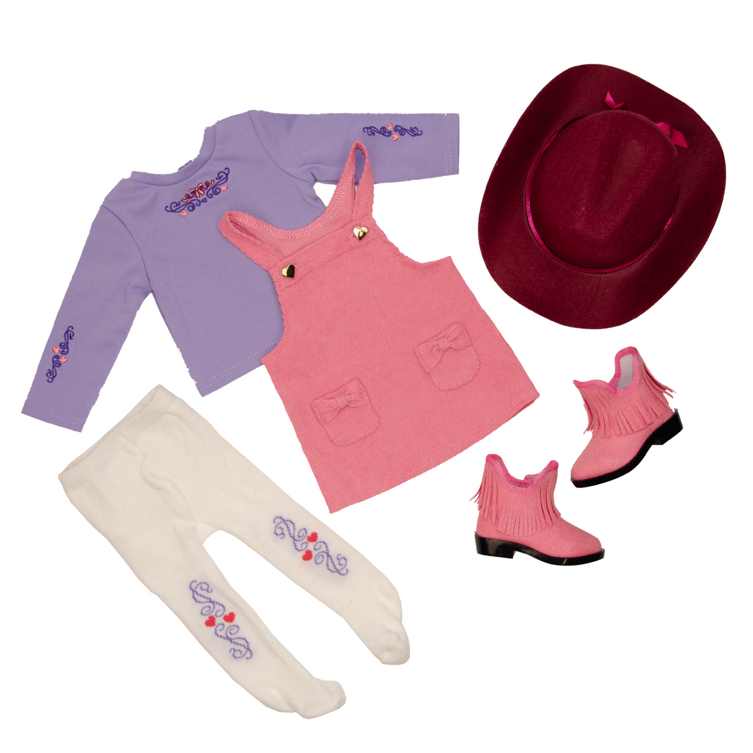 18-inch doll wearing a pink cowboy outfit with an overall dress and pink boots.