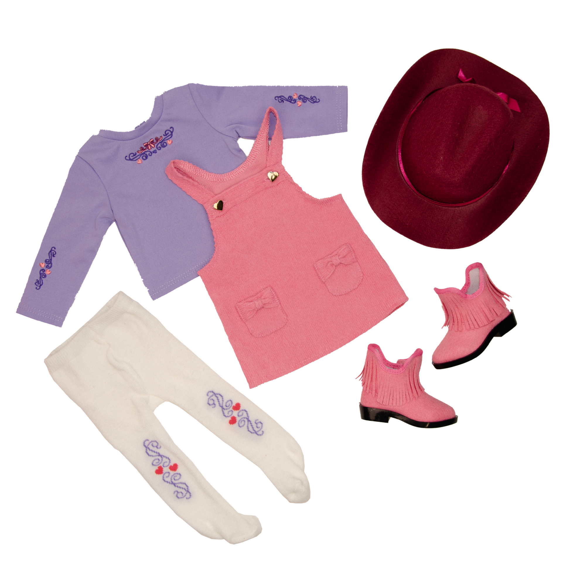18-inch dolls outfit including a pink dress, purple sweater, white tights, red hat, and pink boots.