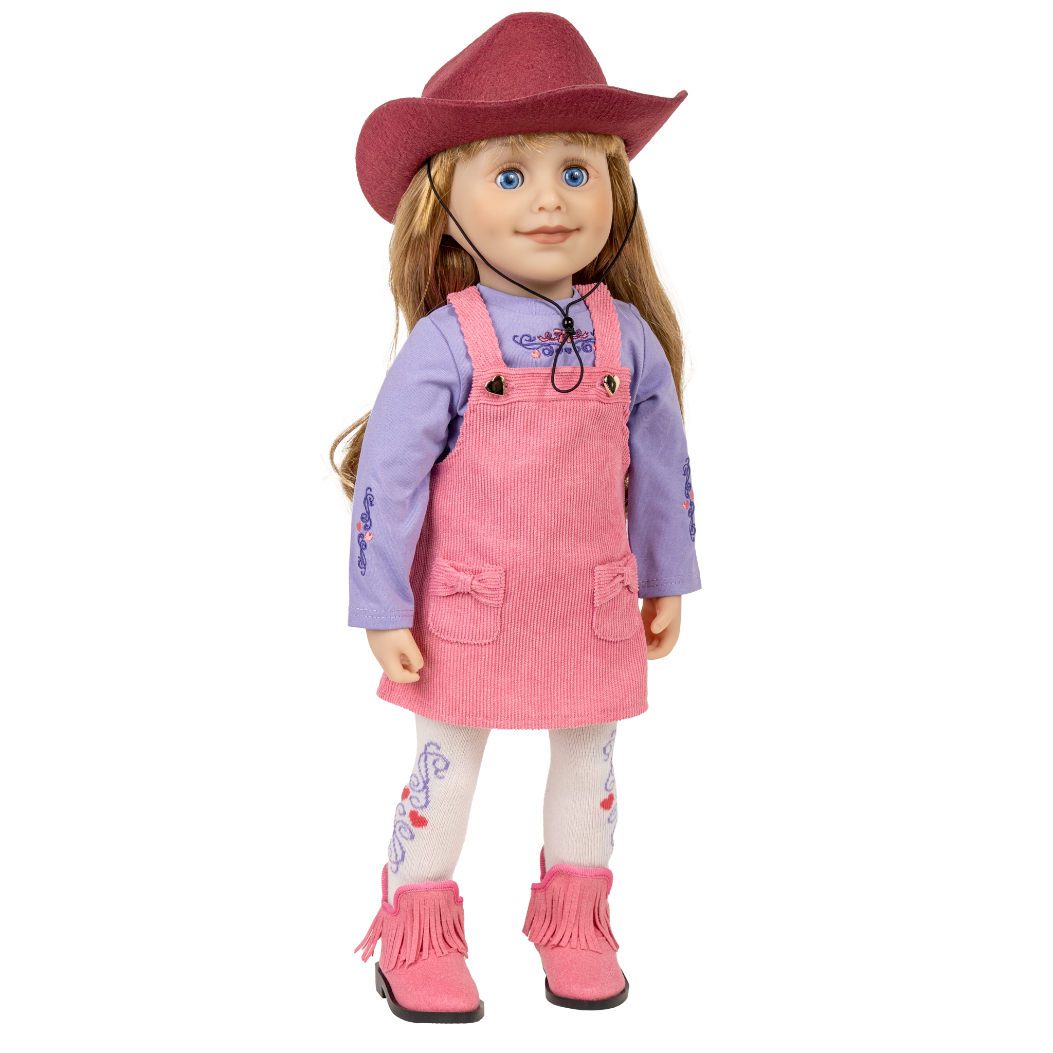 18-inch doll wearing a pink cowboy outfit with an overall dress and pink boots.