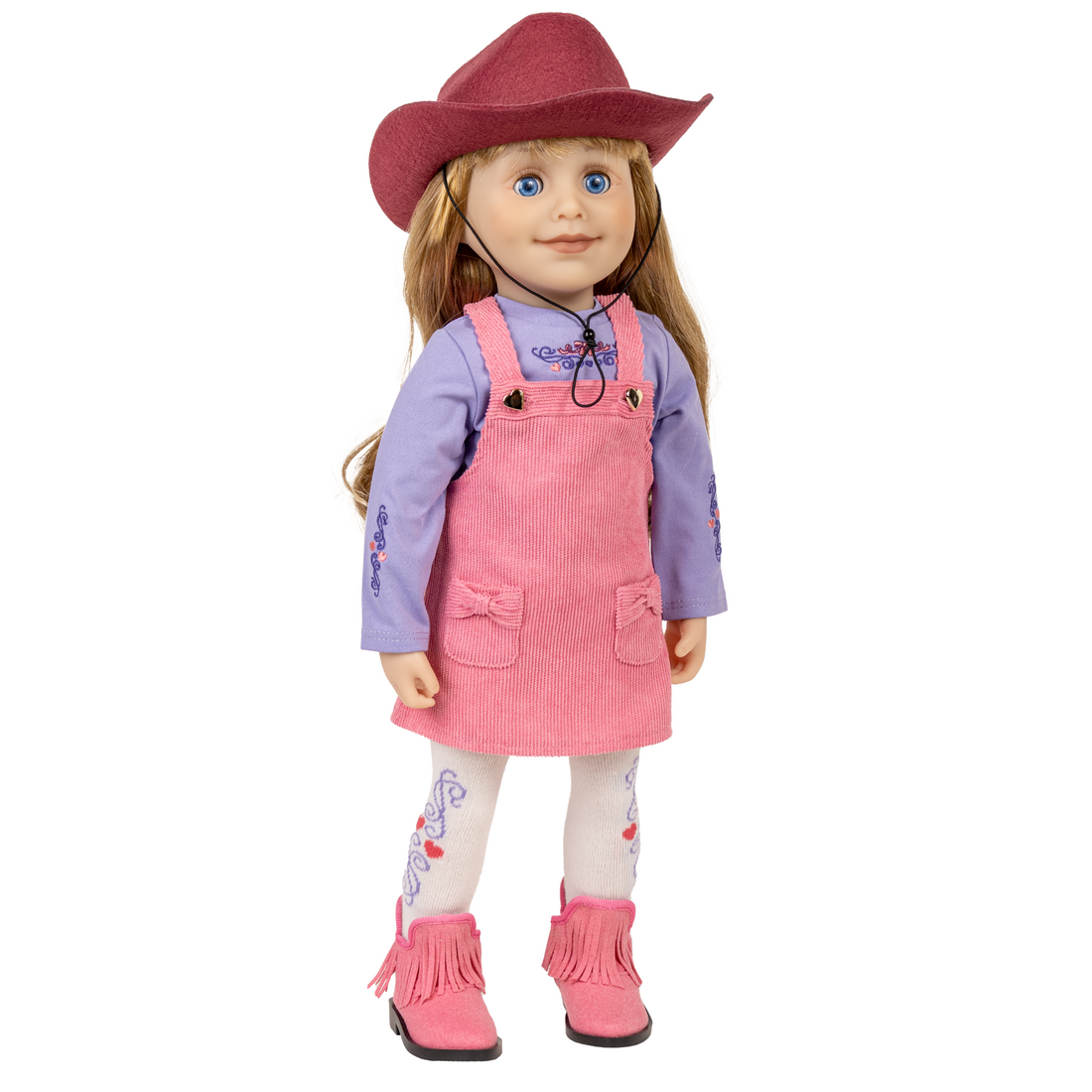 18-inch doll wearing a pink cowboy outfit with an overall dress and pink boots.