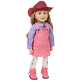 18-inch doll wearing a pink cowboy outfit with an overall dress and pink boots.