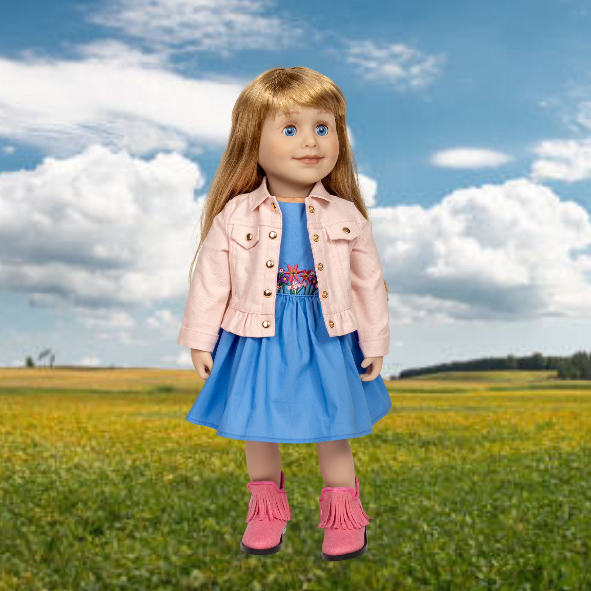 18-inch doll in a pink jacket and blue dress standing in a field in alberta with a blue sky.