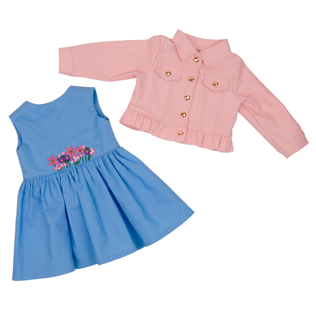 18-inch doll wearing a pink denim jacket, blue dress, and pink boots.