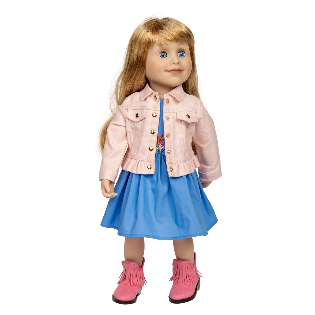 18-inch doll wearing a pink denim jacket, blue dress, and pink boots.