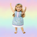 KM16 Criss Cross white sandals on 18 inch Maplelea doll in cute crocus dress