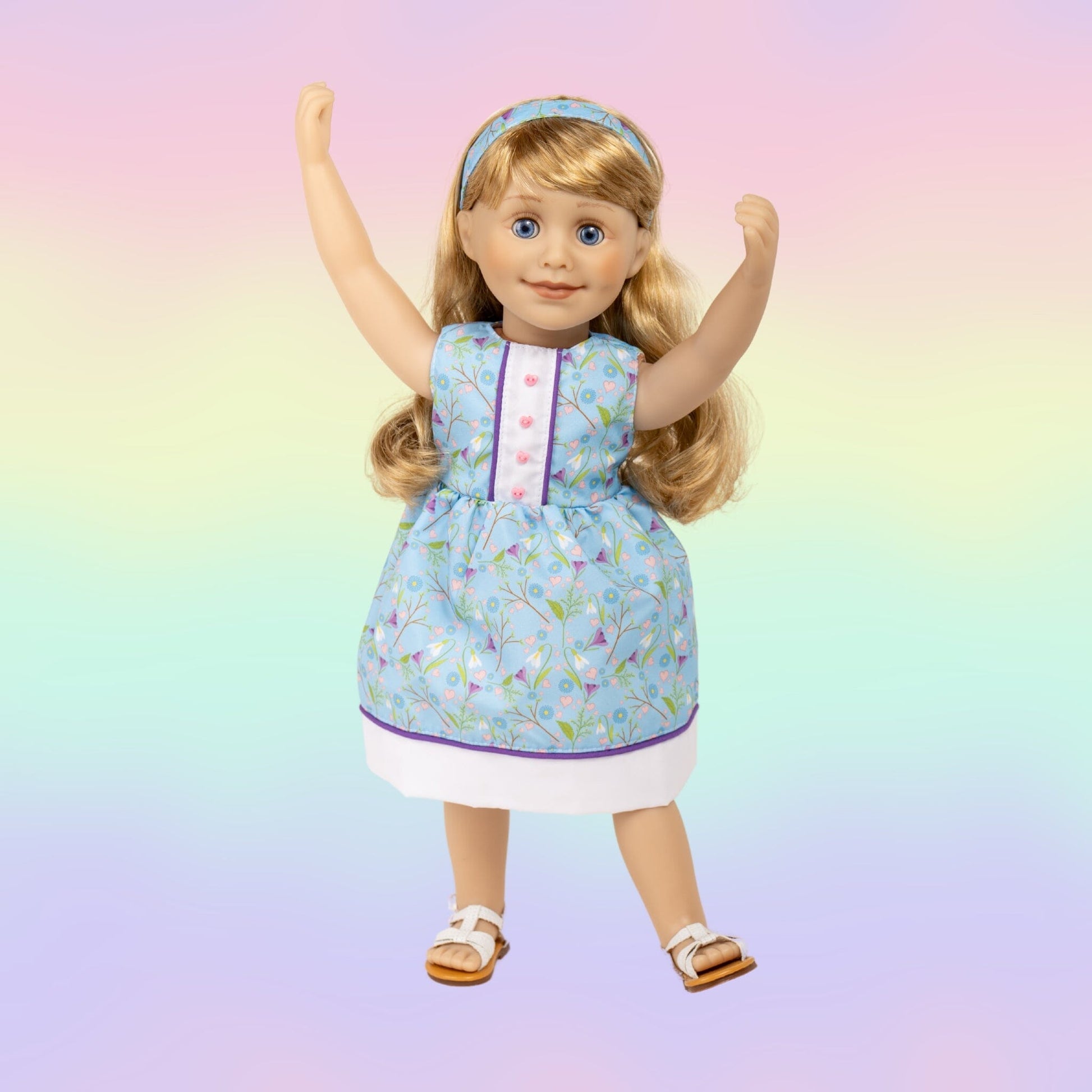 KM16 Criss Cross white sandals on 18 inch Maplelea doll in cute crocus dress