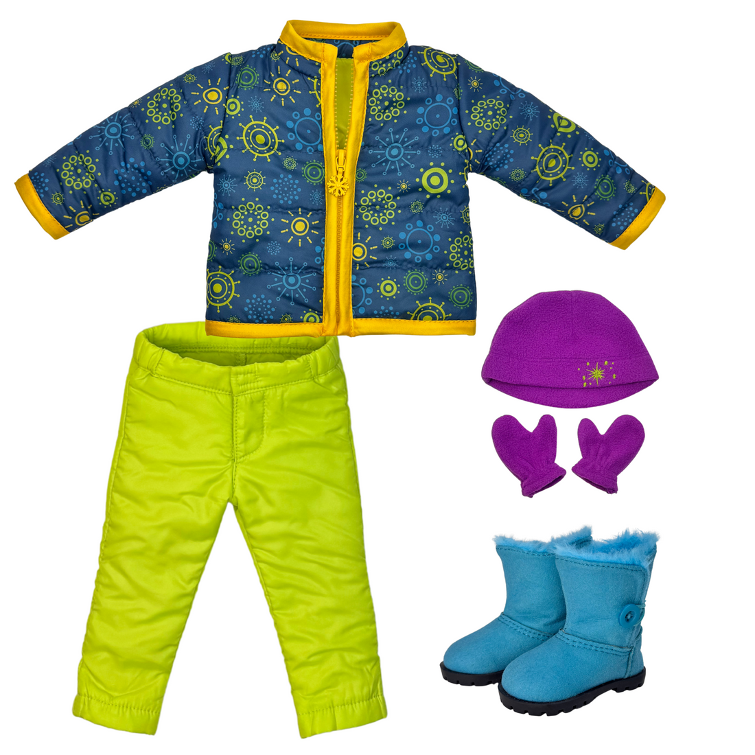 Weekend at Whistler funky snowflake patterned teal jacket with yellow trim, bright green snow pants, pink fleece toque and mittens, blue fuzzy winter boots fit all 18 inch dolls. 