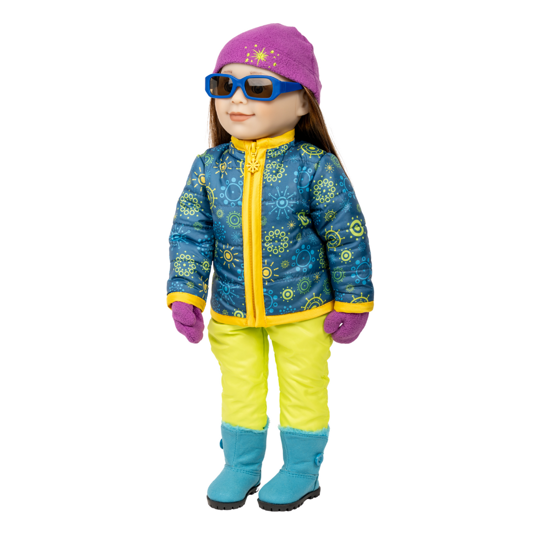 Weekend at Whistler funky snowflake patterned teal jacket with yellow trim, bright green snow pants, pink fleece toque and mittens, blue fuzzy winter boots fit all 18 inch dolls. 