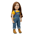 18-inch doll wearing a yellow shirt and blue denim overalls with floral embroidery with golden boots.