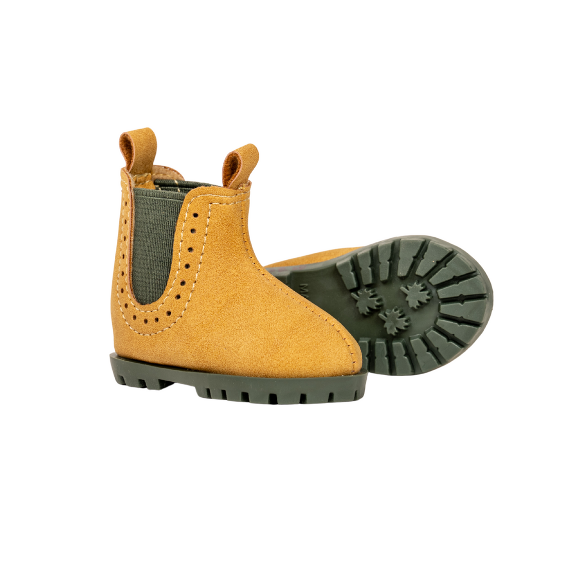 Pair of golden yellow boots with dark green lining for 18-inch dolls.