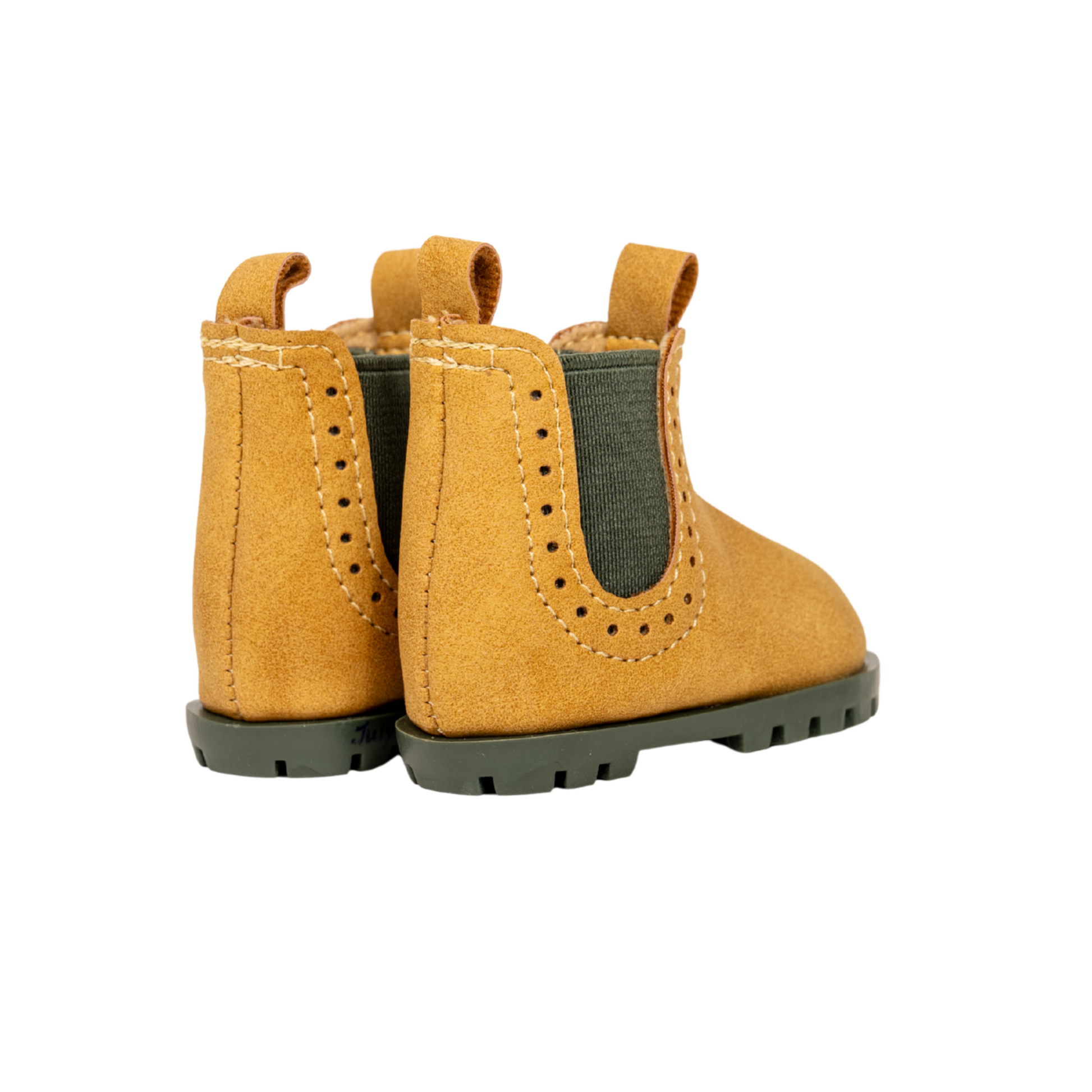 Pair of mustard yellow boots with dark green soles for 18-inch dolls.